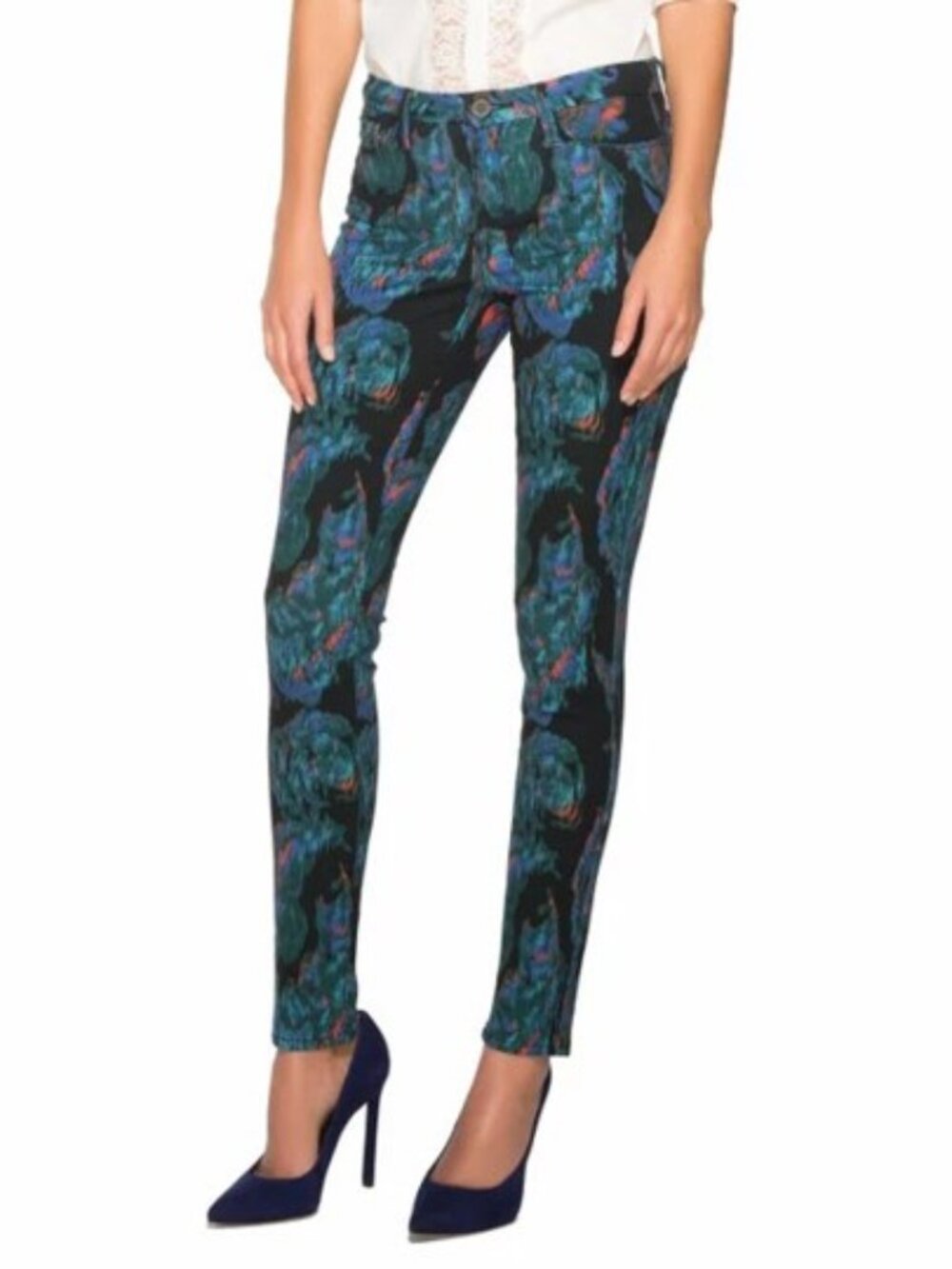 HP! NWT Marchesa Voyage Peacock Feather Print Boho Ankle Cropped Skinny Jeans